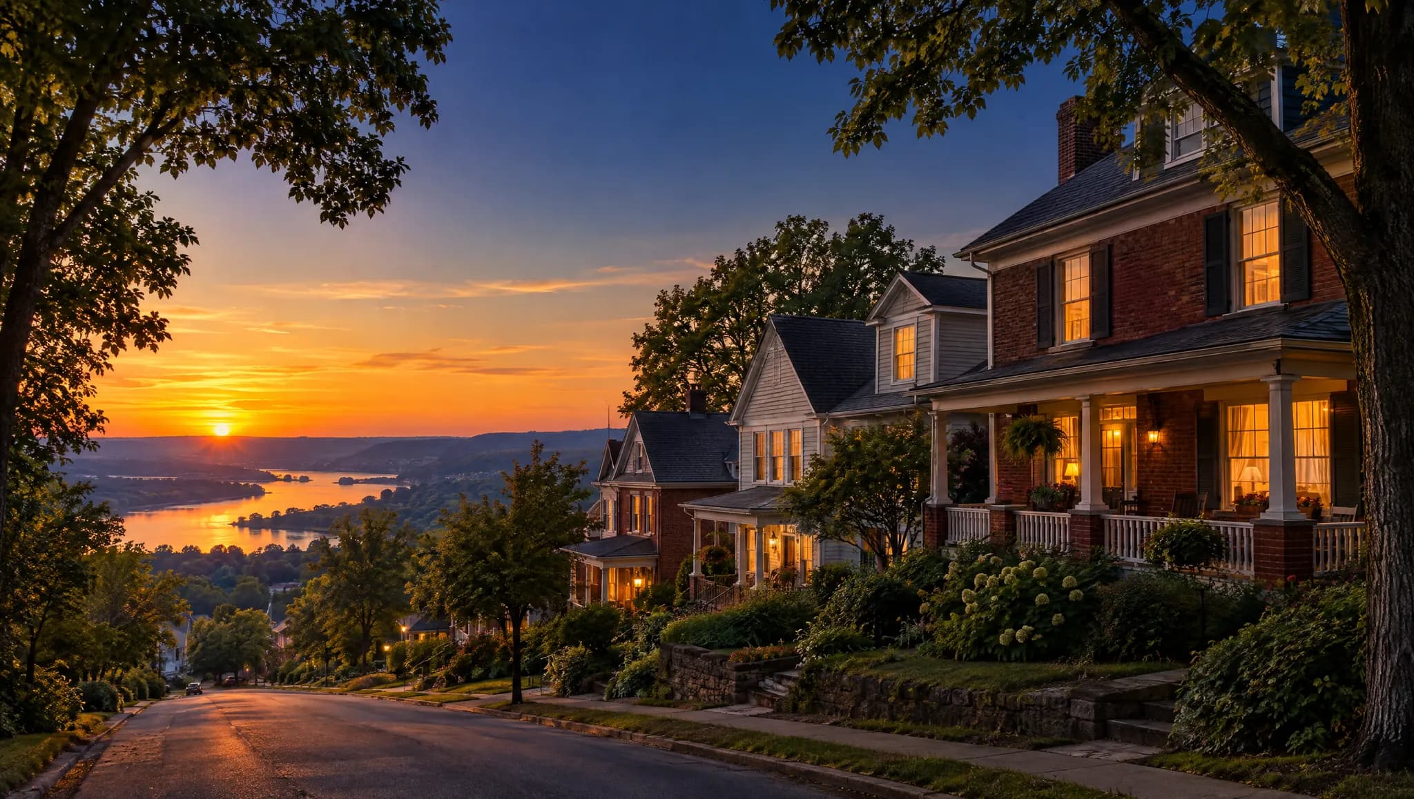 A tree-lined hillside street of older homes overlooking a river valley at sunset