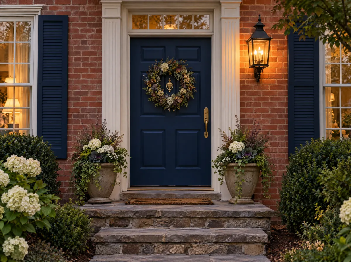 Navy front door of a red-brick family home with a glowing lantern