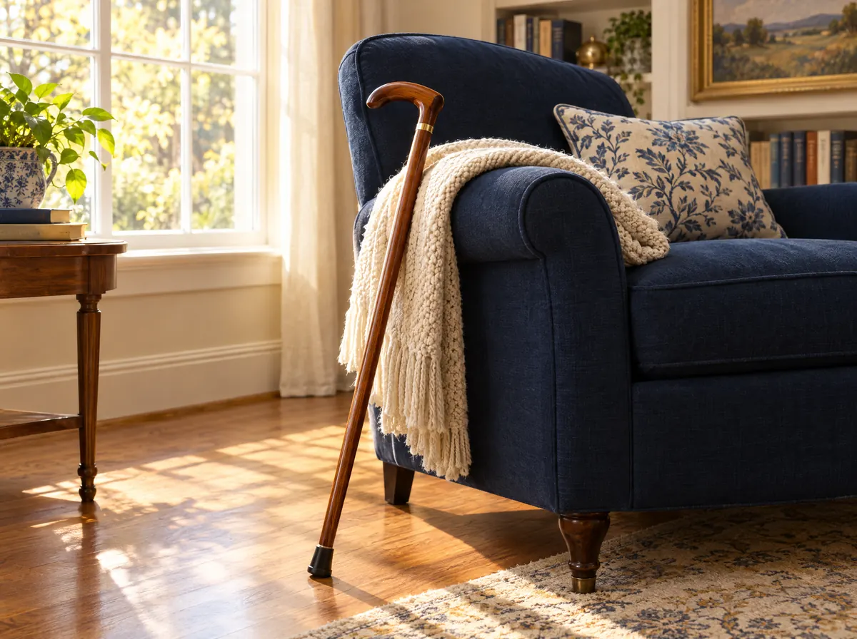 A wooden walking cane resting against an armchair beside a sunny window