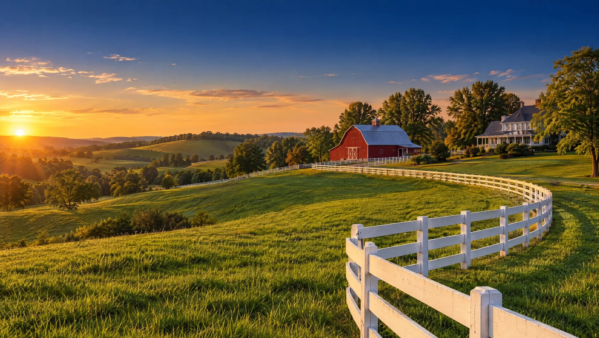 Rolling Kentucky pasture with a white farm fence and a red barn at sunset