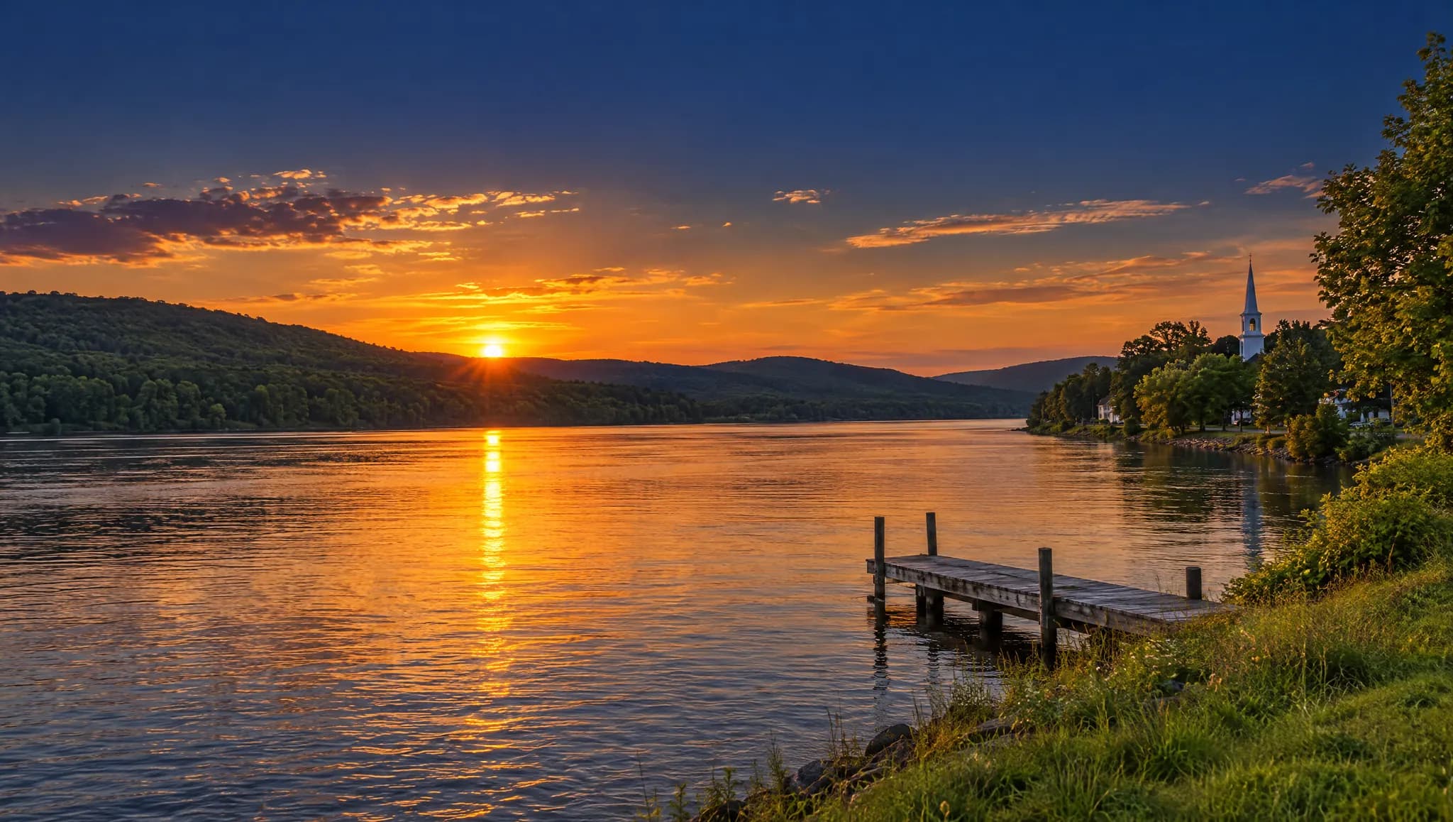 A wide river at sunset with a small dock and a church steeple on the bank