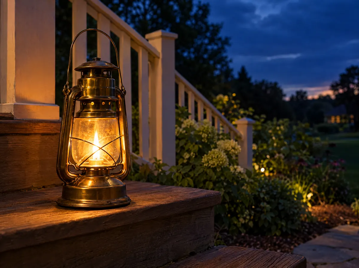 A brass lantern glowing on porch steps at dusk