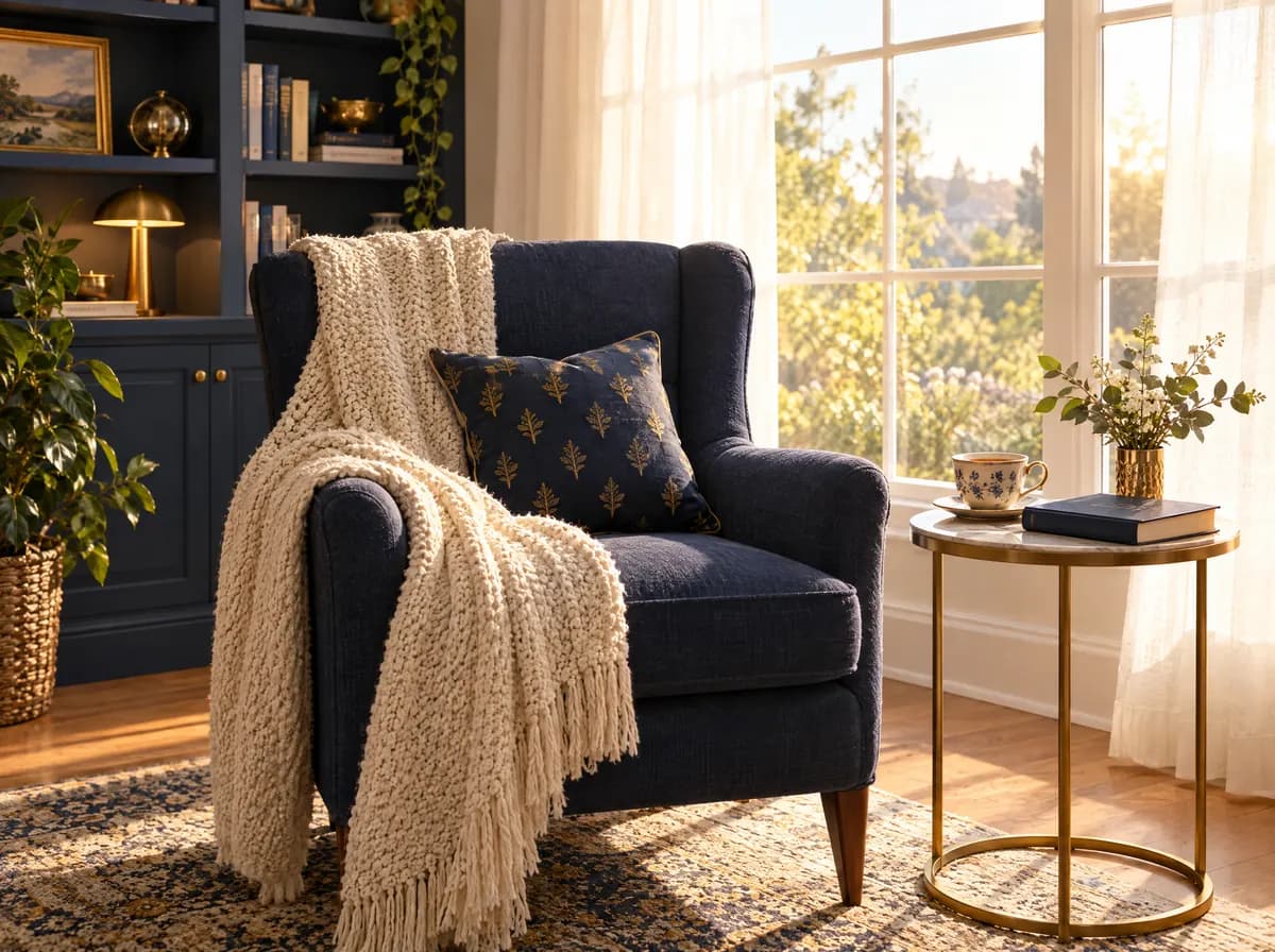 A comfortable reading chair with a knit throw beside a sunny window