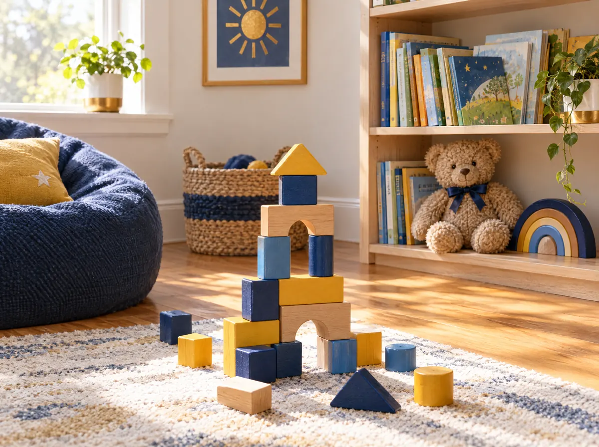 Colorful wooden blocks and a teddy bear in a sunlit playroom