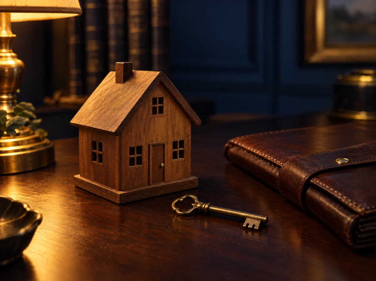 A small wooden model house beside an antique brass key