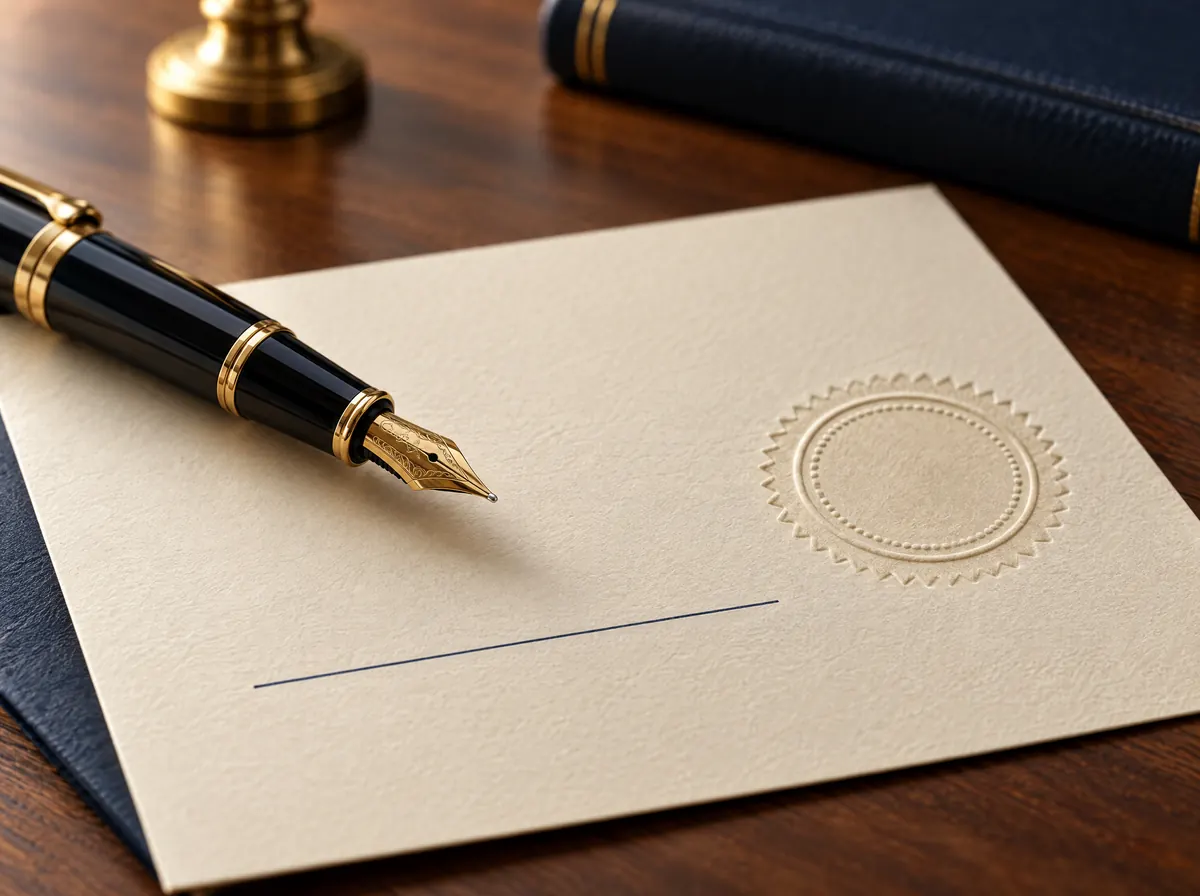 A fountain pen resting beside a signature line on cream paper