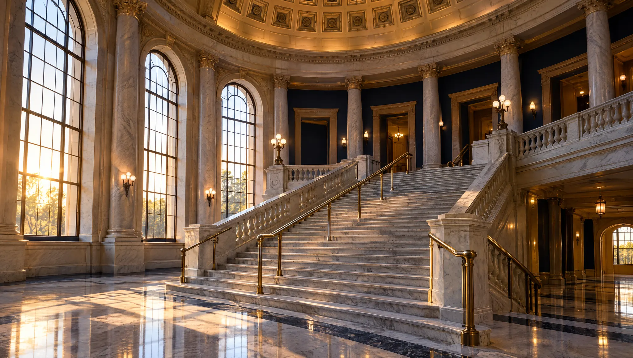 A marble staircase with brass railings inside a historic courthouse