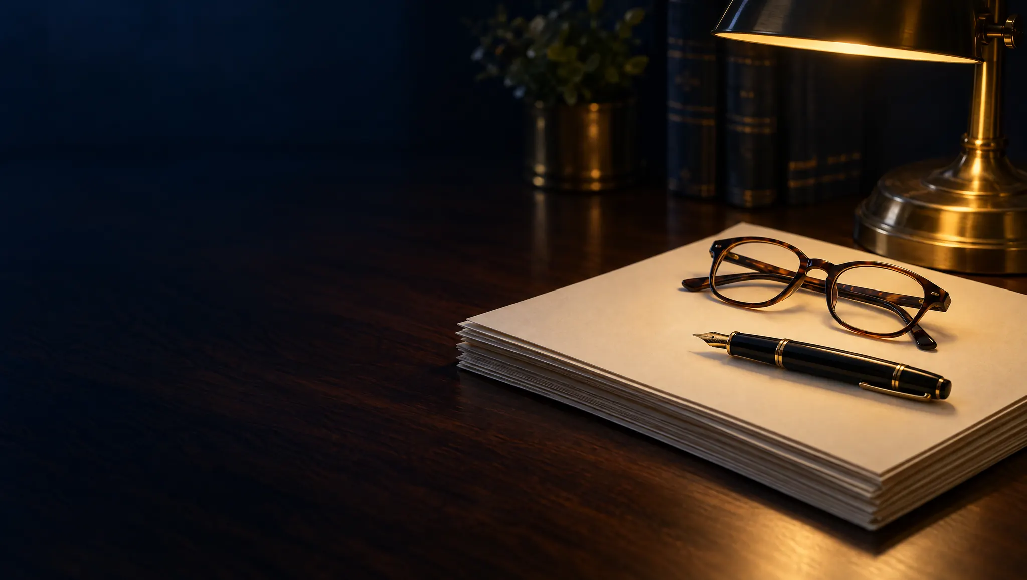 Legal documents, a fountain pen, and reading glasses on a wooden desk