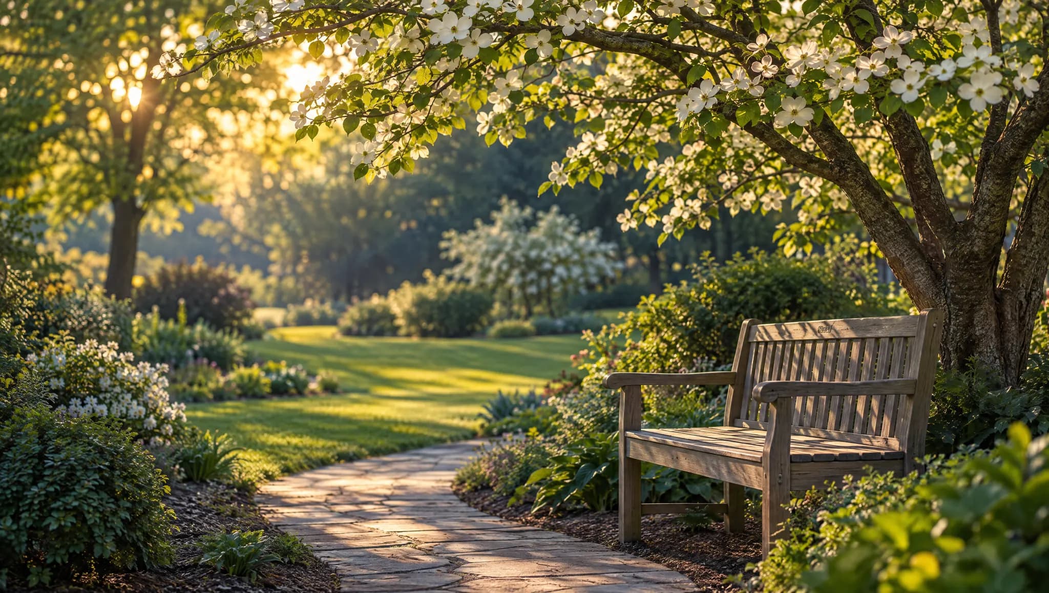 A garden path and wooden bench beneath a flowering dogwood tree