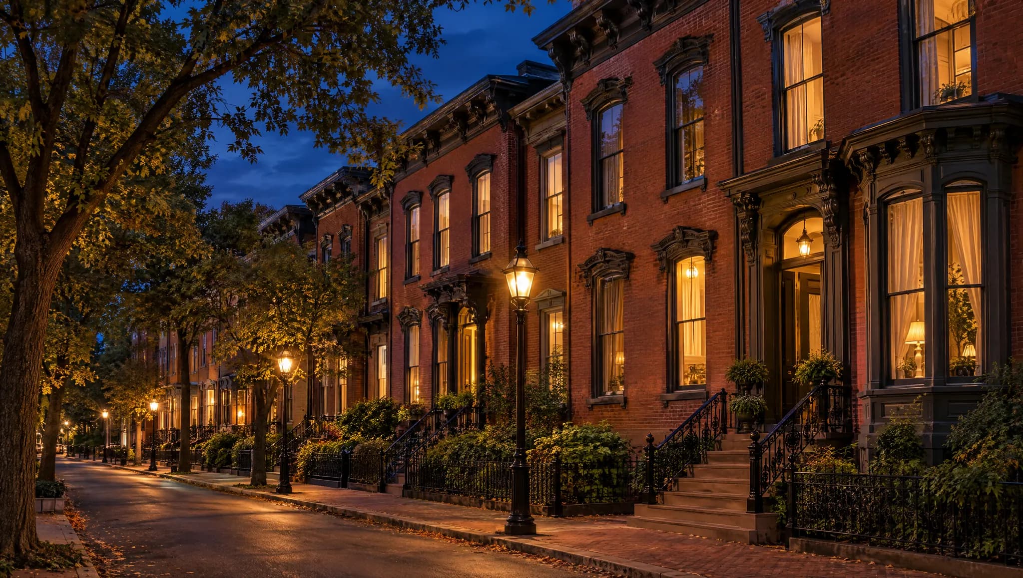 Historic red-brick rowhouses on a tree-lined street at dusk