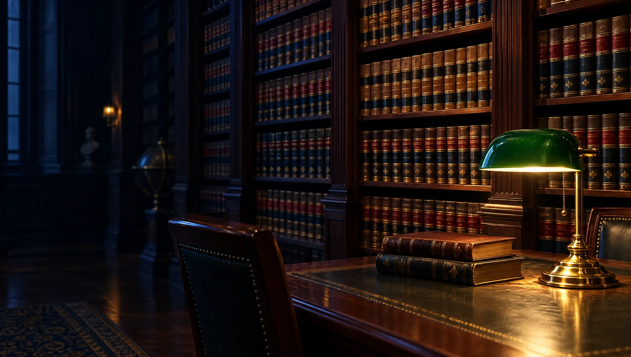 Shelves of leather-bound law books lit by a brass banker’s lamp
