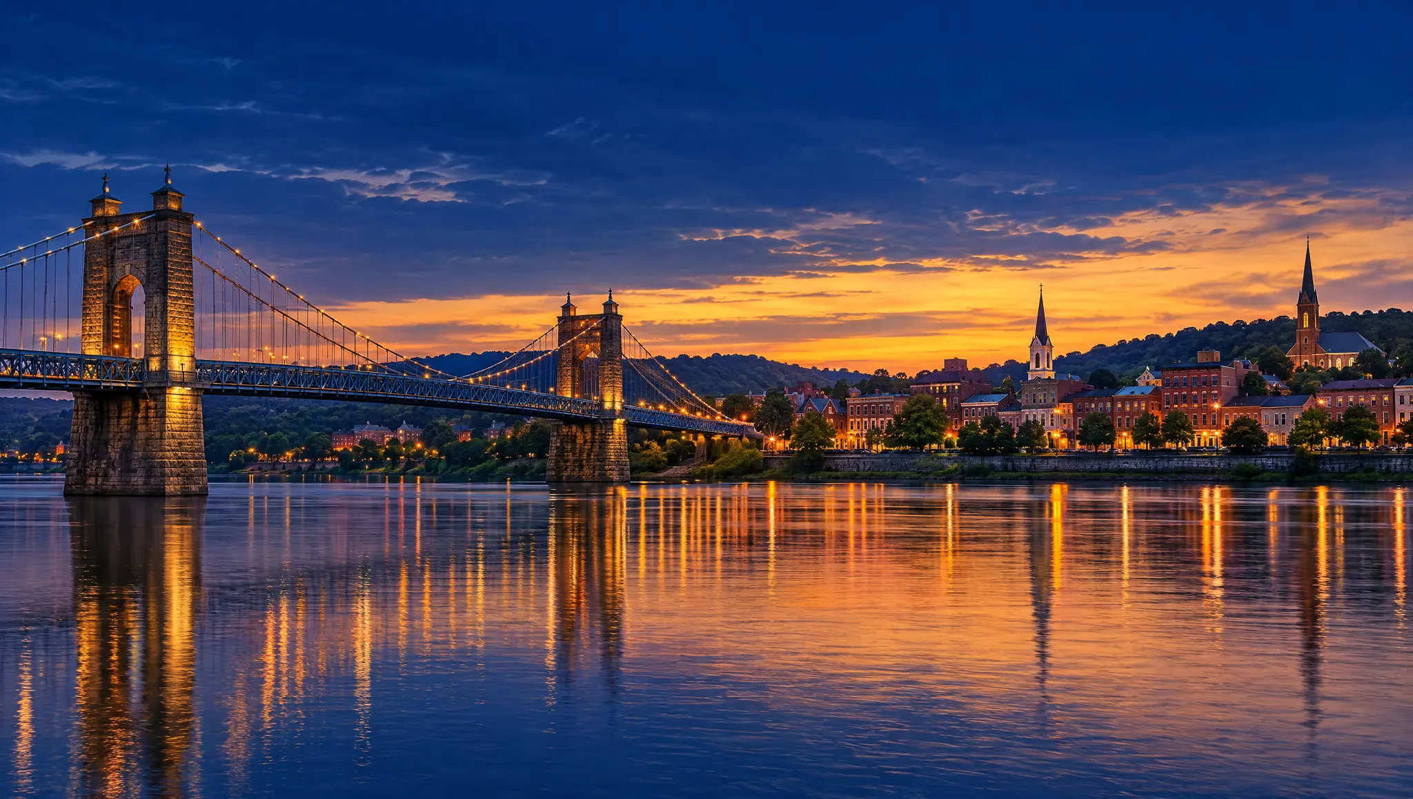 The Ohio River at twilight with a historic suspension bridge and a river-town skyline