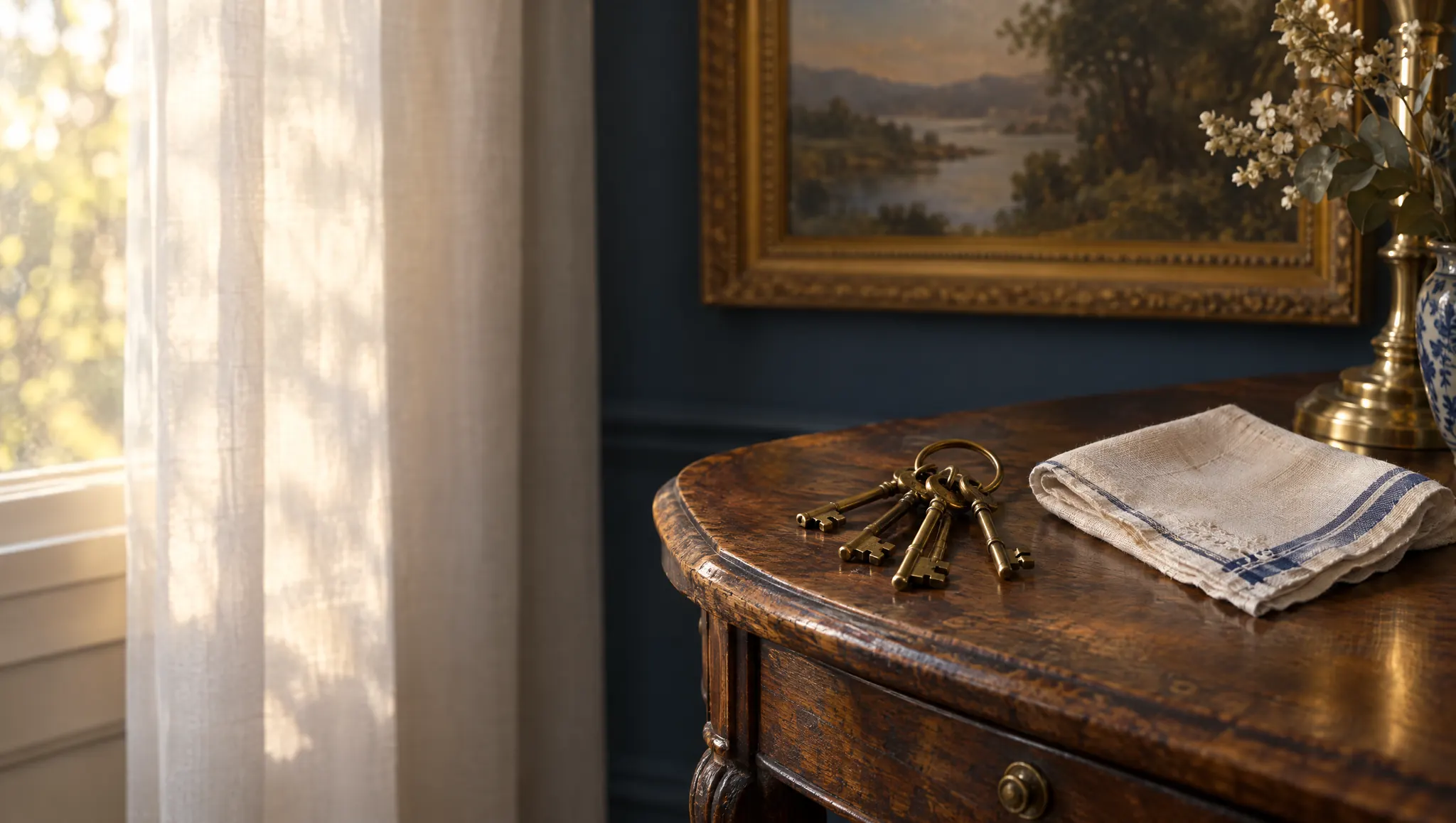 A ring of house keys resting on an antique side table in a sunlit family home
