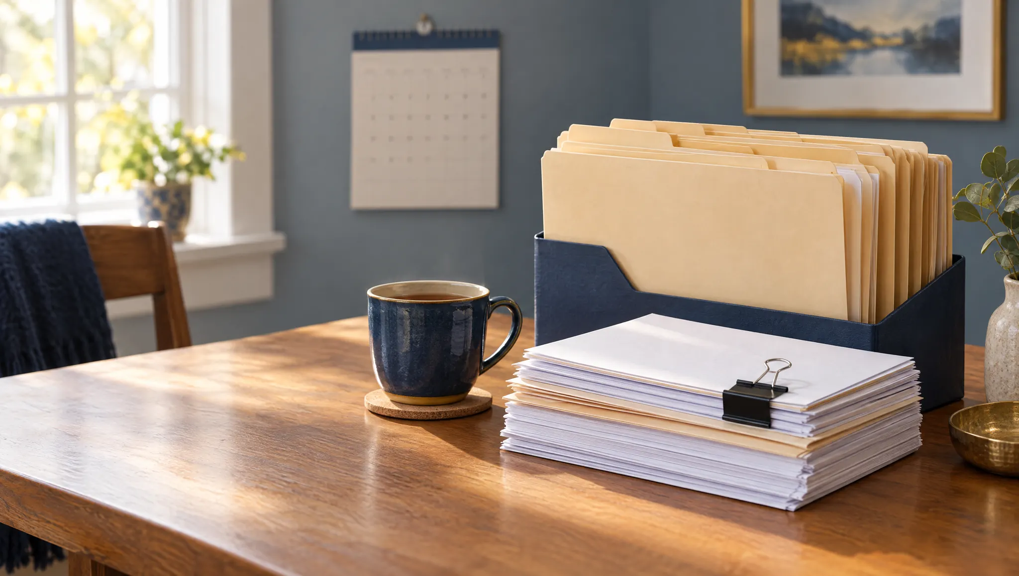 Neatly organized file folders and paperwork on a kitchen table in morning light
