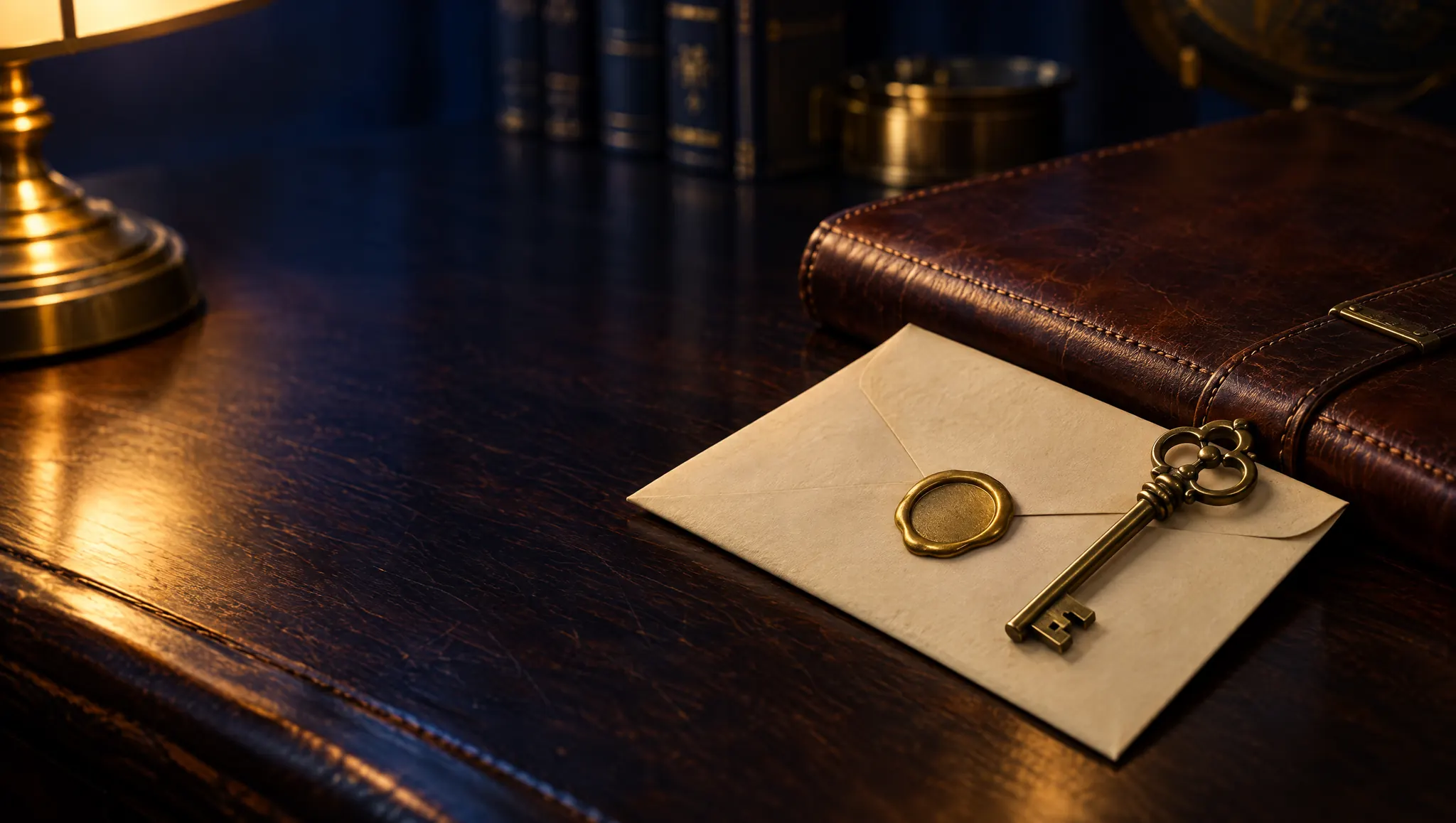 An antique brass key on a sealed envelope beside a leather folio